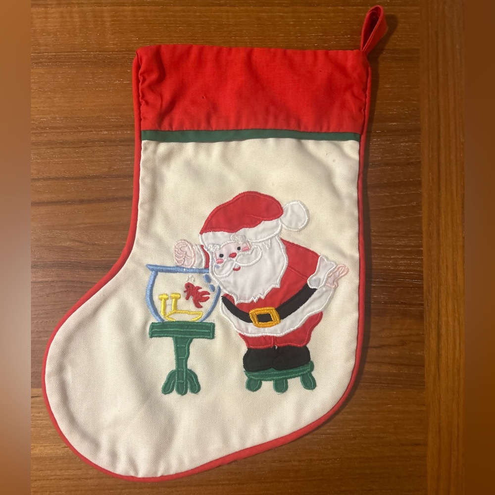 VINTAGE Stitch & Sew Christmas Stocking Santa Claus Feeding Red Gold Fish